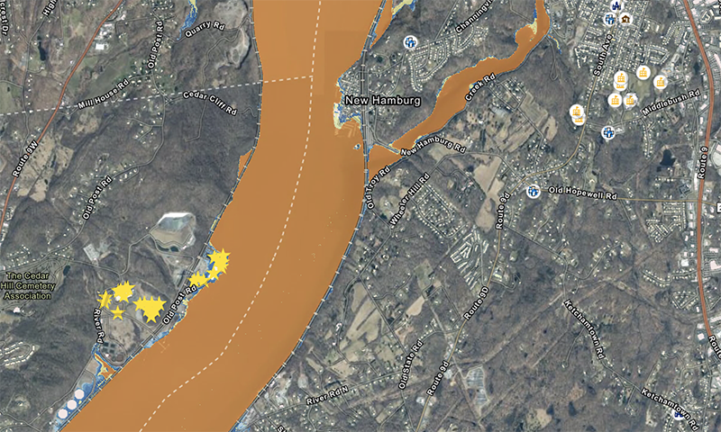 A zoomed-in area around Wappingers Falls, New York, in the Mid-Hudson River Valley, shows infrastructure along the river vulnerable to flooding. Source: NYS FIDSS Mapper.